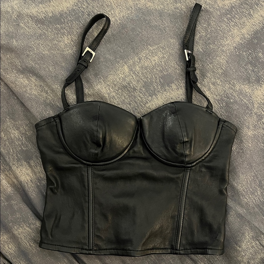 Fleur du Mal Black Genuine Leather Crop Top